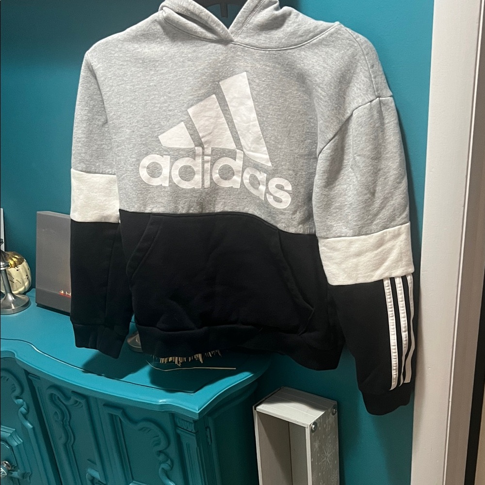 Adidas Men's Gray and Black Colorblock Hoodie